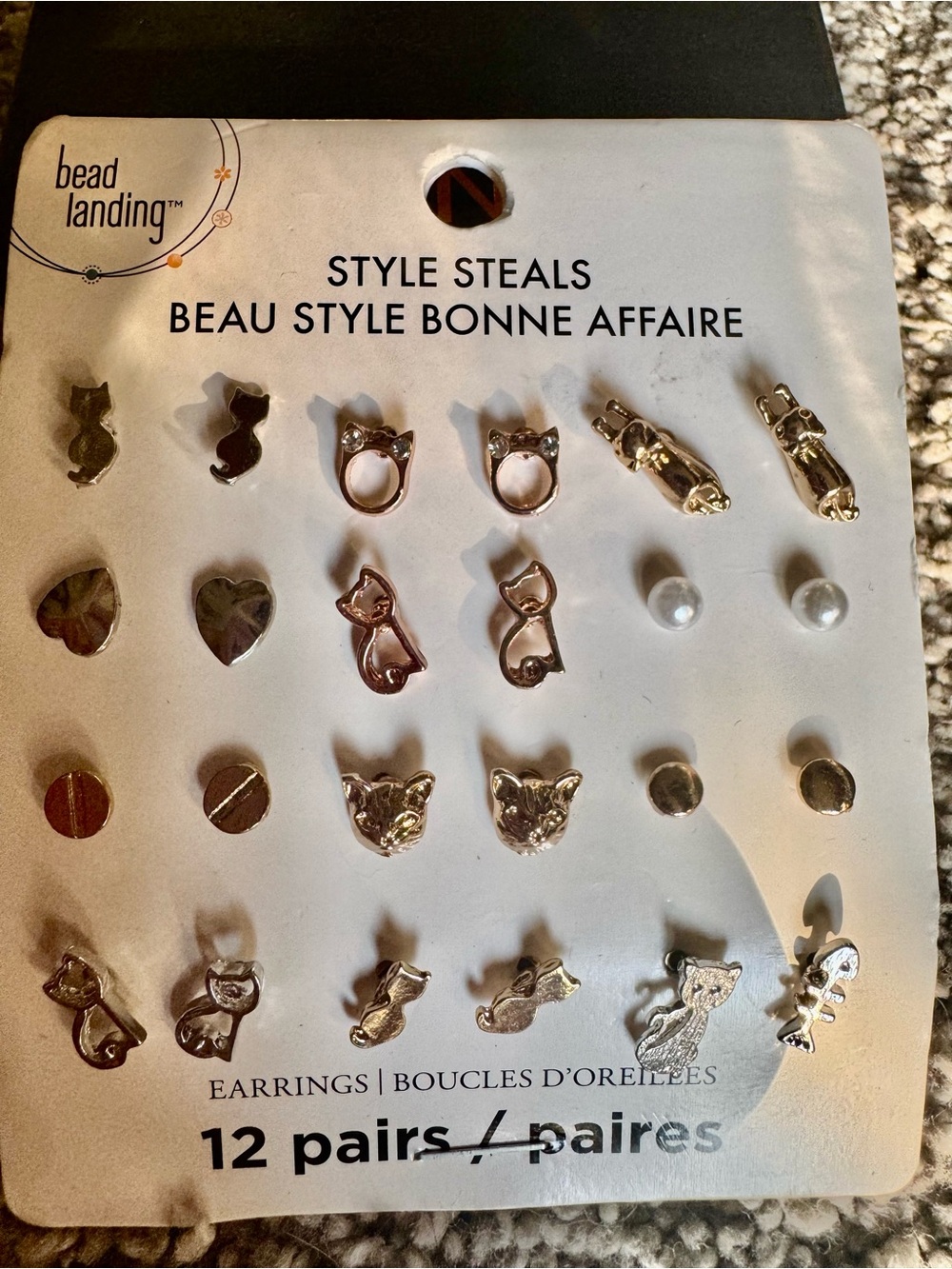 Bead Landing Gold & Pearl 12-Pair Cat Themed Earring Set
